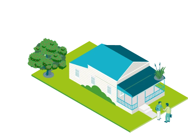 Image of single story house with tree and people.