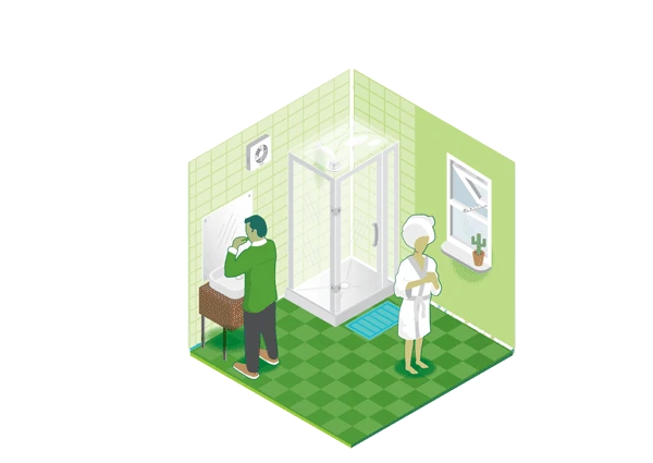 Dry icon - two people in a bathroom with a shower unit