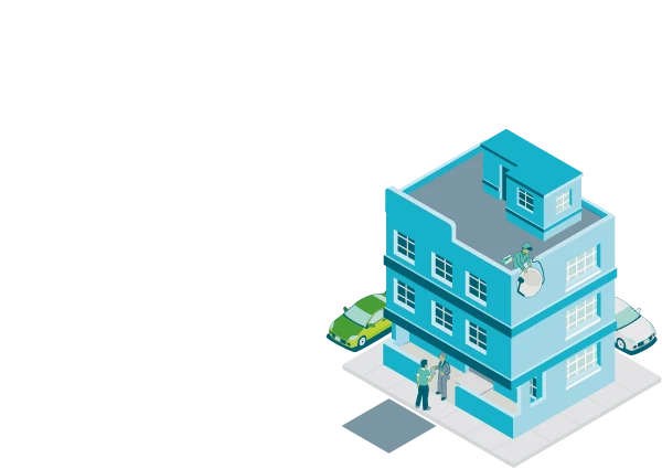 A block of flats with a sky sattelite dish being installed on the roof