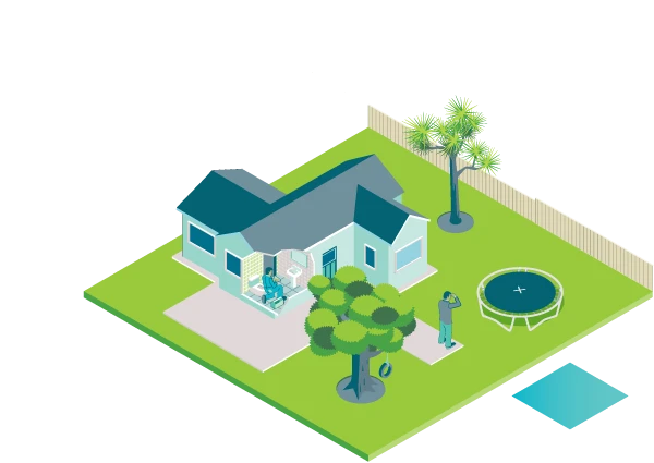 A house, two people, two trees and a trampoline