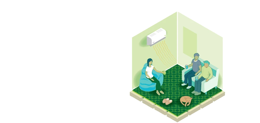 Warmer icon - showing three people sitting in a lounge with a heat pump on